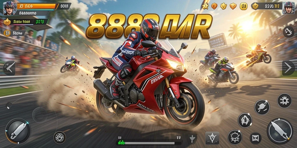 Screenshot gameplay 888R yang menampilkan balapan motor yang mendebarkan.