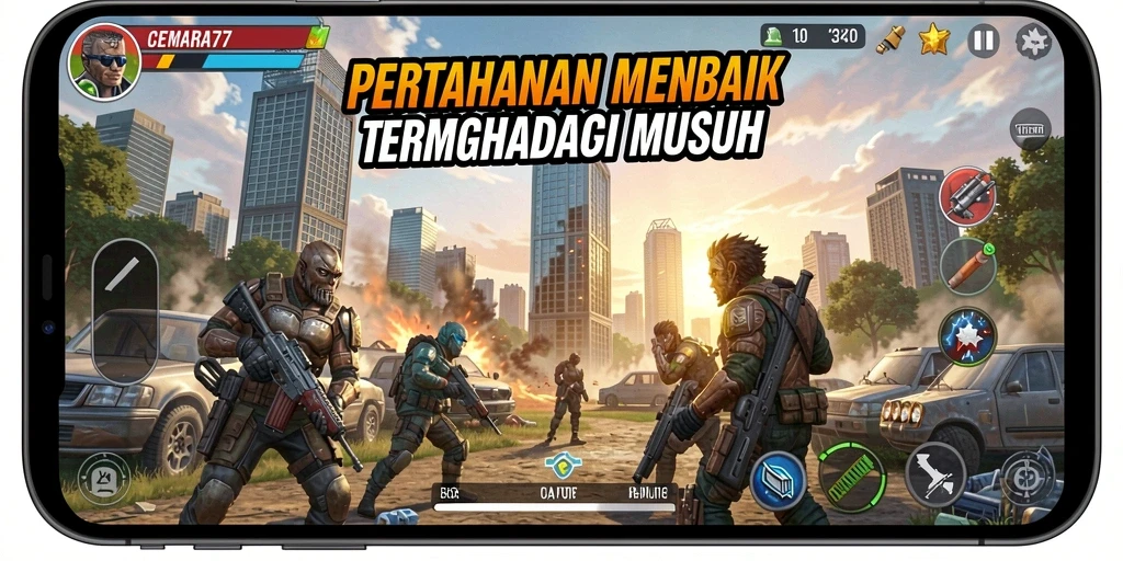 Tampilan gameplay CEMARA77 dalam misi Tower Defense yang menegangkan.