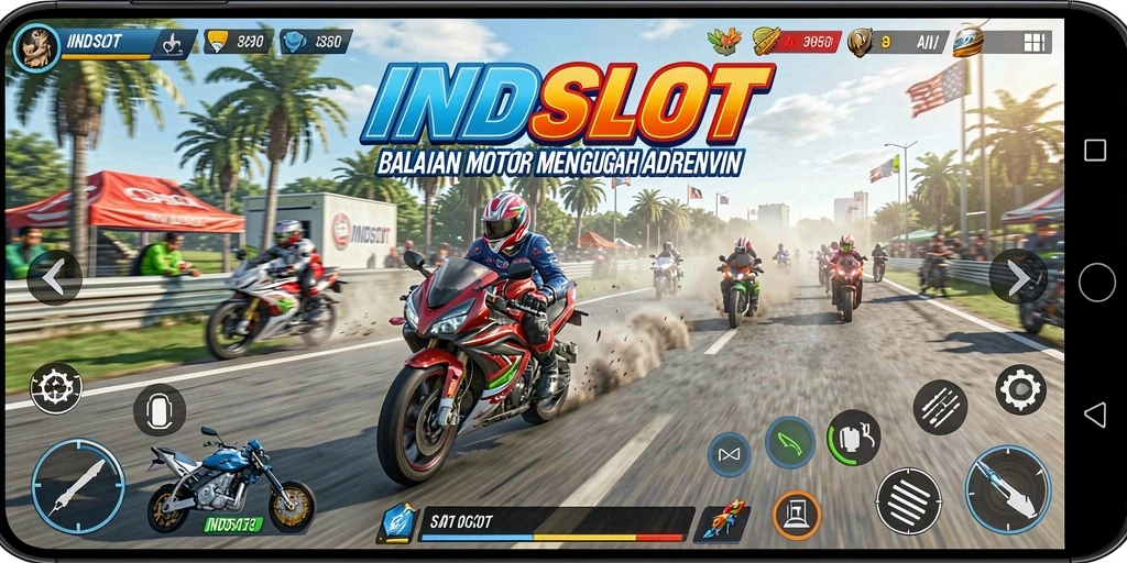 Tangkapan layar permainan INDSLOT yang menunjukkan aksi balapan motor yang seru.