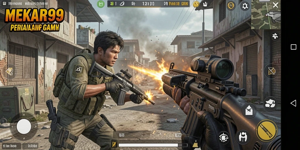 Tampilan gameplay seru di MEKAR99 dengan aksi tembak-menembak yang mendebarkan.