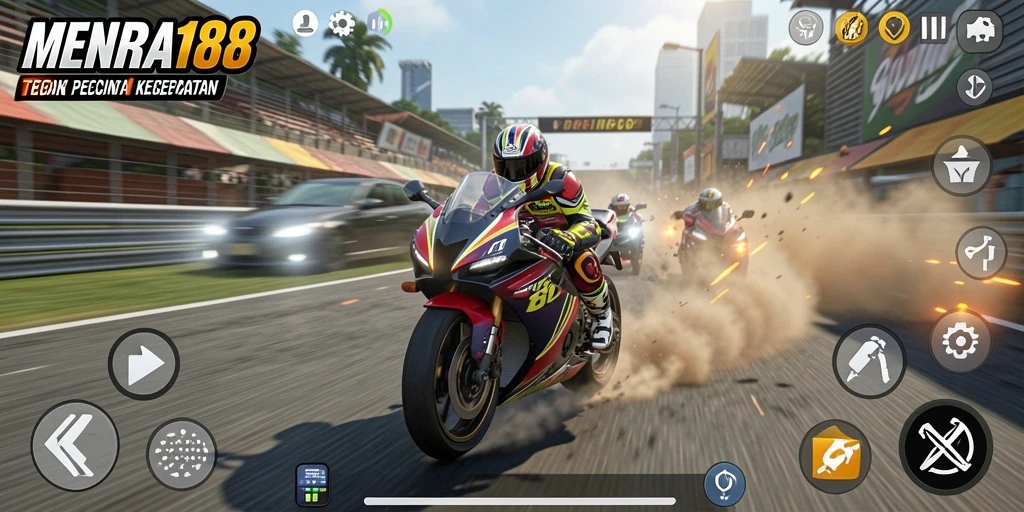 Screenshot utama MENARA188 menampilkan aksi balapan motor yang mendebarkan.