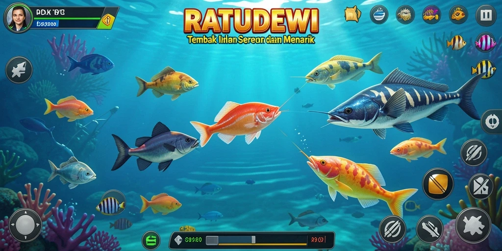Tampilan gameplay seru di RATUDEWI dengan ikan-ikan berwarna-warni.