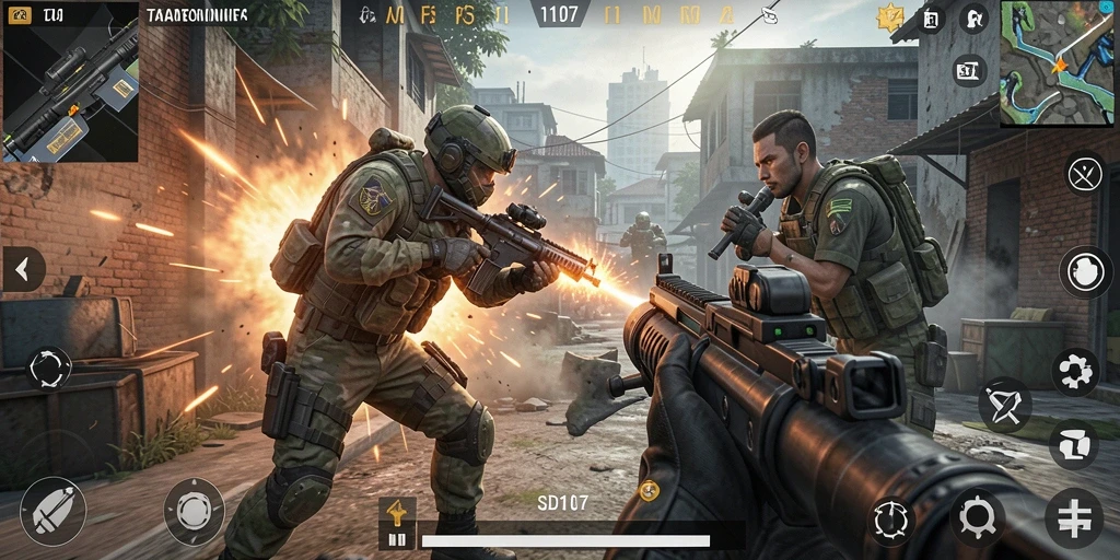 Tampilan gameplay intens dalam SD107 dengan aksi tembak-menembak.