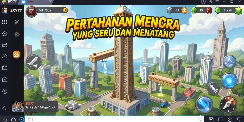 Tampilan gameplay menarik dari SKY77 yang menampilkan menara dan musuh.