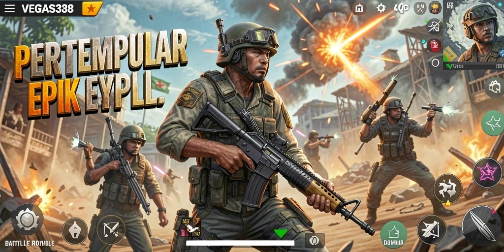 Tangkapan layar gameplay VEGAS338 menampilkan aksi pertempuran Battle Royale yang mendebarkan.